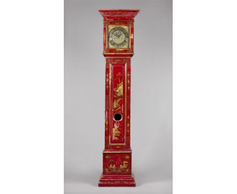 An interesting Chinoiserie scarlet lacquered longcase clockThe pediment with a moulded cornice above a glazed door, the trunk