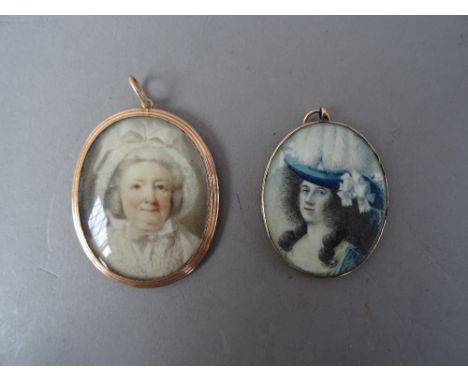 An early 19th century portrait miniature on ivory depicting a middle aged woman with white bonnet, executed in the sfumato ma