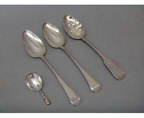 Silver, comprising; a tea caddy spoon, of shovel form, engraved with a foliate spray, by Taylor & Perry, Birmingham, possibly