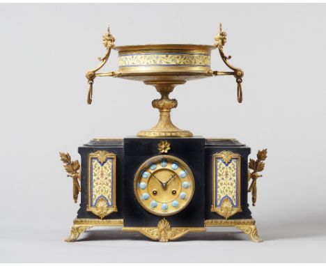 A French ormolu, cloisonne enamel black marble mantel clockIn the Grecian style, retailed by Maison Marnynac, Rue de la Paix,