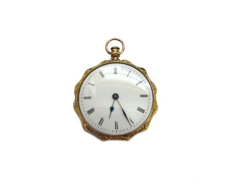 A gold cased and enamelled key wind open faced lady's fob watch, with an un-signed gilt cylinder movement, the gold inner cas