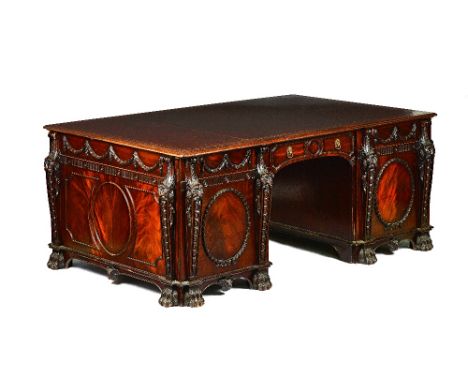 After Thomas Chippendale for Nostell Priory; a George III style mahogany library table, the gilt tooled leather top over oppo