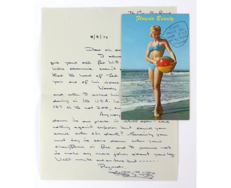 Ronnie Wood - The Rolling Stones - A postcard of a Florida Beauty with a handwritten note from 'Woody' (Ronnie Wood), with a 