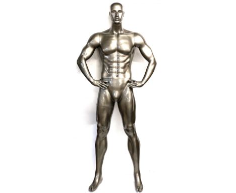 Large 'Superhero' grey mannequin, 190 cm, another boxed male mannequin and a child cloth mannequin (3).        