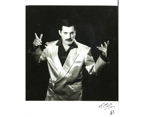 Queen - Original 10 x 8 inch Black and white silver gelatin print showing Freddie Mercury in his Great Pretender suit, taken 