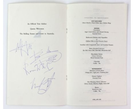 The Rolling Stones - Qantas menu signed by Mick Jagger, Charlie Watts, Keith Richards and Ronnie Wood, 15 x 26 cm. Provenance