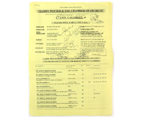 Harry Potter - Original Call Sheet from The Chamber of Secrets signed to the front by Julie Walters, James Phelps, Oliver Phe