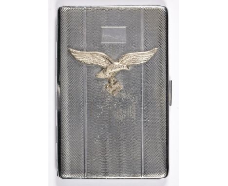 A GERMAN, THIRD REICH, CHROMIUM PLATED CIGARETTE CASE, ENGINE TURNED AND APPLIED WITH EAGLE AND SWASTIKA DEVICE, 13CM&nbsp; 