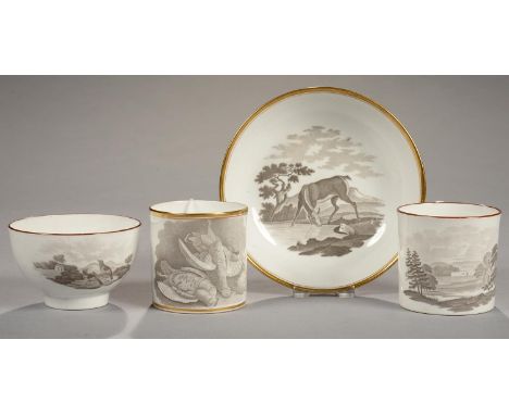 FOUR SPODE BAT PRINTED TEA WARES, THE PRINTS INCLUDING LLANGOLLEN BRIDGE AND A HIND, RIMS GILD OR IN BROWN ENAMEL, SAUCER 14C