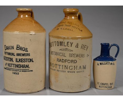 TWO PEARSON AND PRICE SALTGLAZED STONEWARE FLAGONS OF DAKIN BROTHERS BOTANICAL BREWERS BEESTON ILKESTON AND NOTTINGHAM AND BO