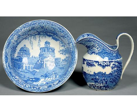 A BLUE PRINTED EARTHENWARE MONOPTEROS PATTERN JUG AND MATCHING CONTEMPORARY CHAMBER BASIN, JUG 21CM H, C1825-40 Jug with smal