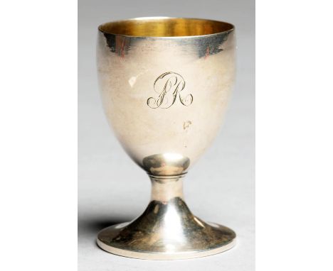 AN UNUSUAL GEORGE III TOY OR MINIATURE SILVER GOBLET, THE OVOID BOWL ENGRAVED WITH THE INITIALS SR, ON FLARED FOOT, 7CM H, MA