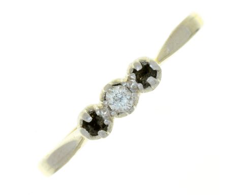 A DIAMOND THREE STONE RING, GOLD HOOP MARKED 18CT PLAT, TWO DIAMONDS DEFICIENT, 2G, SIZE L Centre stone only remaining; light