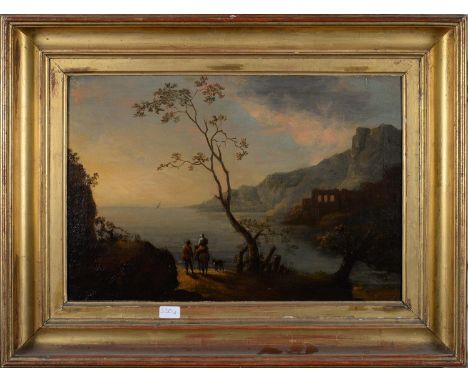 BRITISH SCHOOL, EARLY 19TH C, TRAVELLERS IN A ROMANTIC LANDSCAPE,&nbsp;OIL ON CANVAS, 41.5 X 62CM Old overpainting; lined in 