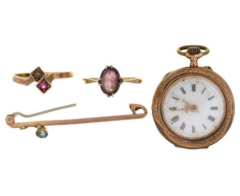 TWO GOLD RINGS AND A BAR BROOCH, VARIOUSLY GEM SET, 5.6G AND A GOLD&nbsp; AND ENAMEL CYLINDER LADY'S WATCH All items with wea