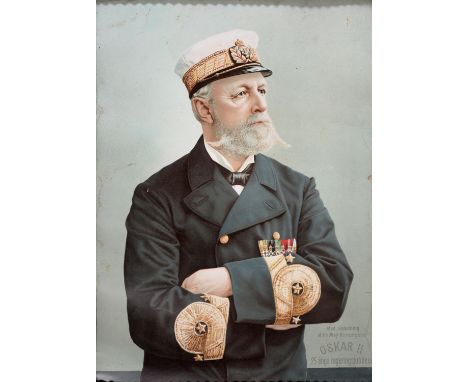 19TH C SCHOOL, PORTRAIT OF OSKAR II KING OF SWEDEN, LITHOGRAPH, 49 X 36CM, IN REPRODUCTION 'TRAMP ART' FRAME 