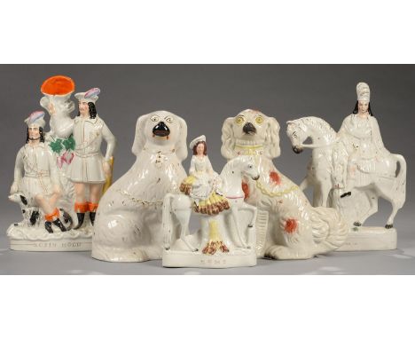 TWO STAFFORDSHIRE EARTHENWARE SPANIELS AND THREE FLATBACKS, TO INCLUDE A ROBIN HOOD SPILL HODLER GROUP, 38CM H, ALL 19TH C So