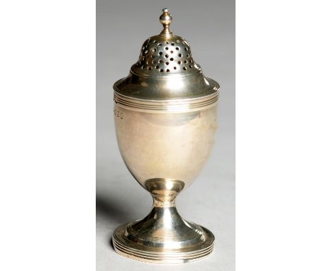 A GEORGE III VASE SHAPED SILVER CASTER AND COVER, WITH REEDED RIMS, 11CM H, BY MAKER W.S, LONDON 1811, 1OZ 15DWTS Light wear,
