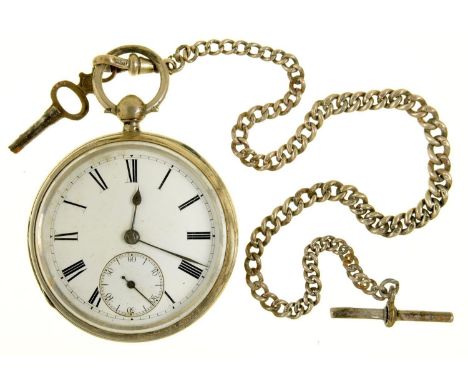 A VICTORIAN SILVER LEVER WATCH, LONDON 1886, 53MM AND A SILVER ALBERT Dial dusty / dirty, movement running for a few seconds 