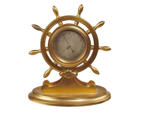 A VICTORIAN GILT BRASS SHIP'S WHEEL NOVELTY ANEROID BAROMETER W MANSFIELD DUBLIN, C1870, THE WHEEL CAUSING THE INDEX TO ROTAT
