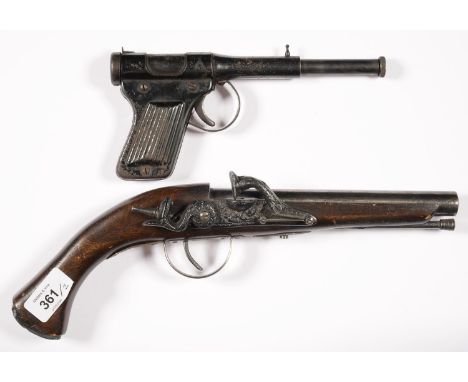 A 1930'S AIR PISTOL AND A REPLICA 18TH C FLINTLOCK PISTOL Air pistol with some light rust