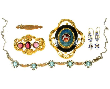 A PAIR OF CONTINENTAL GEM SET SILVER GILT AND ENAMEL PENDANT EARRINGS ON ASSOCIATED GOLD COLOURED METAL WIRE LOOPS, 28MM, A V