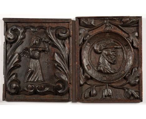 A CARVED OAK 'ROMAYNE' PANEL AND ANOTHER OF AN ANGEL BEARING TULIPS, 25 X 18CM AND 20 X 19CM, 17TH / EARLY 18TH C, REMOUNTED 