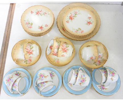 A CONTINENTAL PORCELAIN MOULDED TEA SERVICE, DECORATED WITH ROSES ON A SHADED APRICOT GROUND, RIM GILT, C1890 AND A SET OF EI