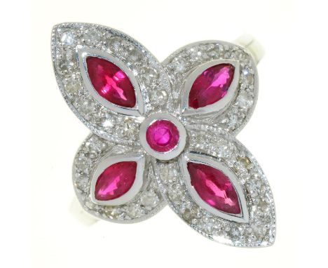 A RUBY AND DIAMOND QUADRUPLE CLUSTER RING OF CRUCIFORM DESIGN, WITH NAVETTE SHAPED RUBIES, IN 18CT WHITE GOLD, 4.8G, SIZE M G