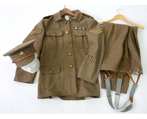 MODERN REPRODUCTION BRITISH ARMY SERGE BATTLEDRESS AND TROUSERS OF A CORPORAL BY BRITISH SOLDIER OF FORTUNE, WITH BRASS NOTTS
