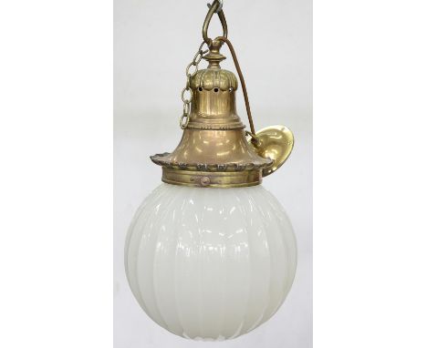 A BRASS AND OPAL GLASS HALL LAMP WITH FLUTED GLOBE SHADE, 41CM H, EARLY 20TH C 