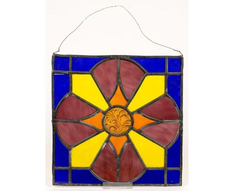 A SQUARE LEADED GLASS WINDOW LIGHT, 24CM L AND&nbsp;A ROUND COLOURED LEAD GLASS WINDOW LIGHT, 33CM D 
