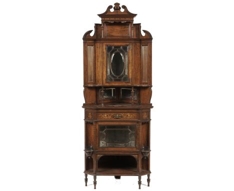 A VICTORIAN ROSEWOOD CORNER CABINET, C1900, INLAID AND DECORATED IN PENWORK WITH PENDANTS AND GROTESQUES, THE UPPER PART WITH