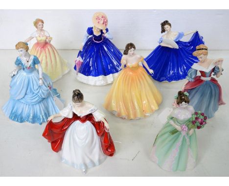 ONE ROYAL WORCESTER AND SEVEN ROYAL DOULTON BONE CHINA FIGURES OF YOUNG LADIES, 20CM H AND CIRCA, PRINTED MARKS, 1980'S / 90'