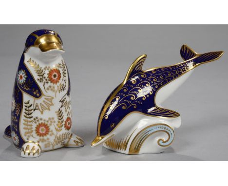 TWO ROYAL CROWN DERBY PAPERWEIGHTS - PLATYPUS AND DOLPHIN, DOLPHIN 17.5CM L, PRINTED MARK, GILT BUTTON Both in good condition