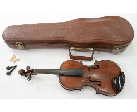 A CHILD'S VIOLIN, LABELLED H. JOURNET'S MANDOLIN AND GUITAR REPOSITORY LONDON, LENGTH OF BACK 26.5CM, CASED Dusty, several ha