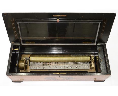 A SWISS MUSICAL BOX, WITH 43.5CM PINNED CYLINDER AND TWO PIECE COMB, IN INLAID ROSEWOOD CASE, WITH MUSICAL TROPHY TO THE LID 