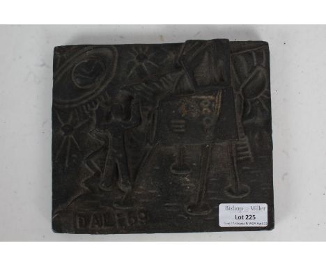 After Salvador Dali, cast metal plaque depicting the moon landing, the verso reading 'Nasa Exclusive Copyright 69', 16.5cm wi