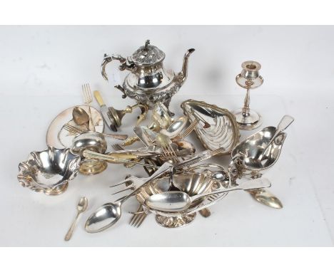 Collection of various silverplate, to include cutlery, candletsicks, teapot, swing handled basket, bread/meat fork, scent bot