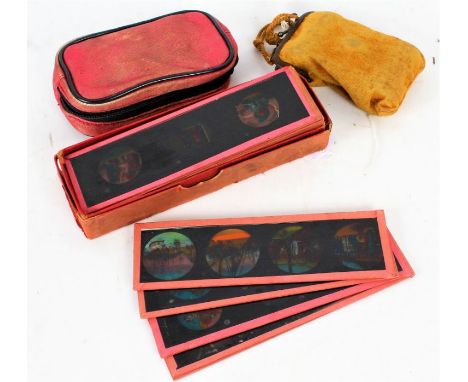 Sixteen long magic lantern slides 'Voyage to India', boxed, together with a pair of Edwardian ivorine opera glasses and a api