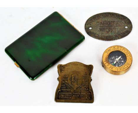Royal Mail brass cased Packetpost compass, together with a mid 20th century green cigarette case, a Congaree Fertilizer paper