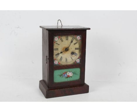 20th century mantle clock, with a cream dial and Roman numerals with a hand painted glass panel and a faux grain case, 24cm h