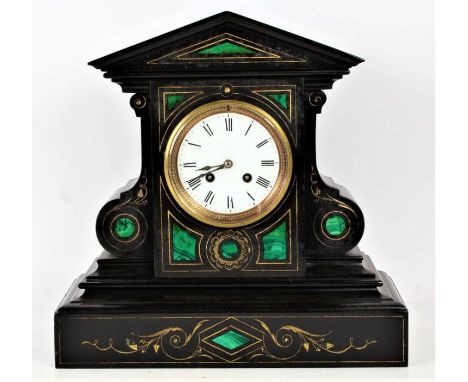 A Victorian black slate and malachite mantle clock, the clock of architectural form inset with malachite and gilt accents, th