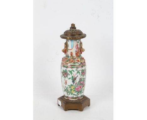 Cantonese porcelain vase, set on a gilt base and with a gilt lid (converted to a lamp), 28cm high