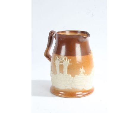 Royal Doulton stoneware jug, applied with a hunting scene and a horse throwing off a rider, 17cm tall