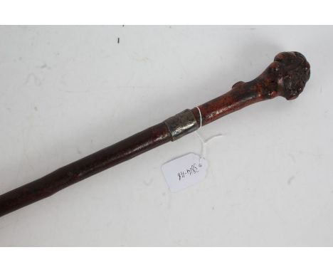 Burr wood and silver walking stick, with a heavily burred pommel above a silver collar, 89cm long&nbsp;