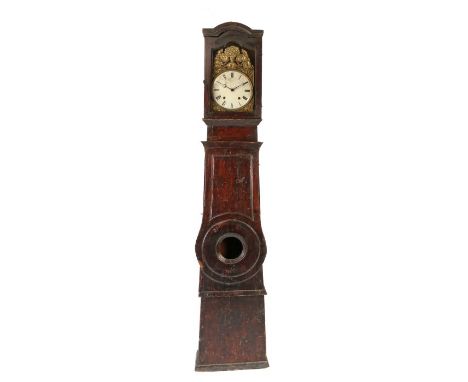 A 19th century French Normandy oak longcase clock, enamel Roman dial gilt metal pediment and spandrels, twin train movement s