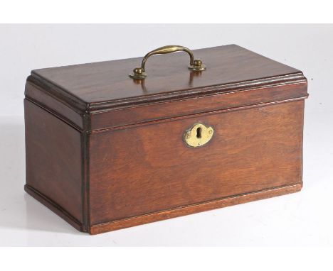 George III mahogany tea caddy, the rectangular lid with brass swing handle opening to reveal an interior with three divisions