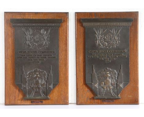 Two Art Deco&nbsp;London Midland and Scottish Railway bronze quota league competition shields for the years 1934 and 1936, on