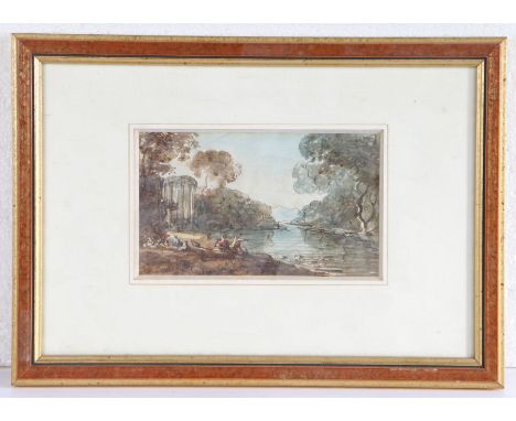 18th Century old master drawing and watercolour, river landscape with rotunda, housed in a glazed frame, the watercolour 17cm